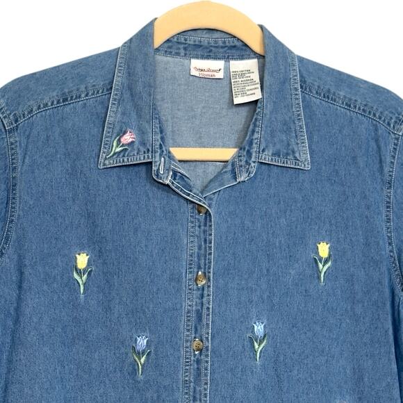 Vintage Denim Embroidered Button Shirt Women 18W/20W Floral Short Sleeve - Picture 3 of 9